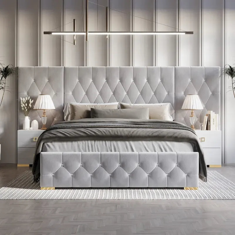 CraftPorch Luxurious Velvet Tufted Platform Bed with Wall Panels