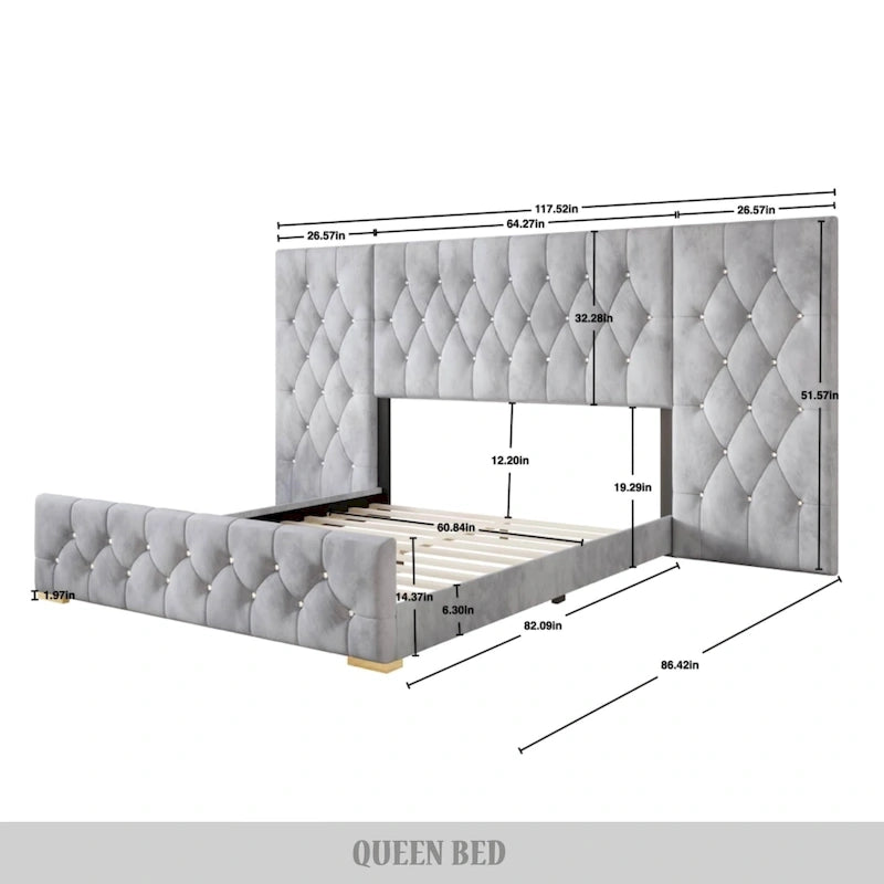 Lit plateforme capitonné en velours avec panneaux muraux – Noir / Gris argenté, Grand lit et Très grand lit