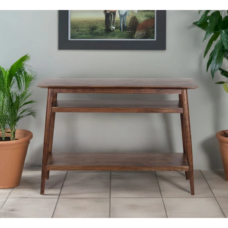 Table console en bois d'acacia massif naturel avec deux étagères ouvertes