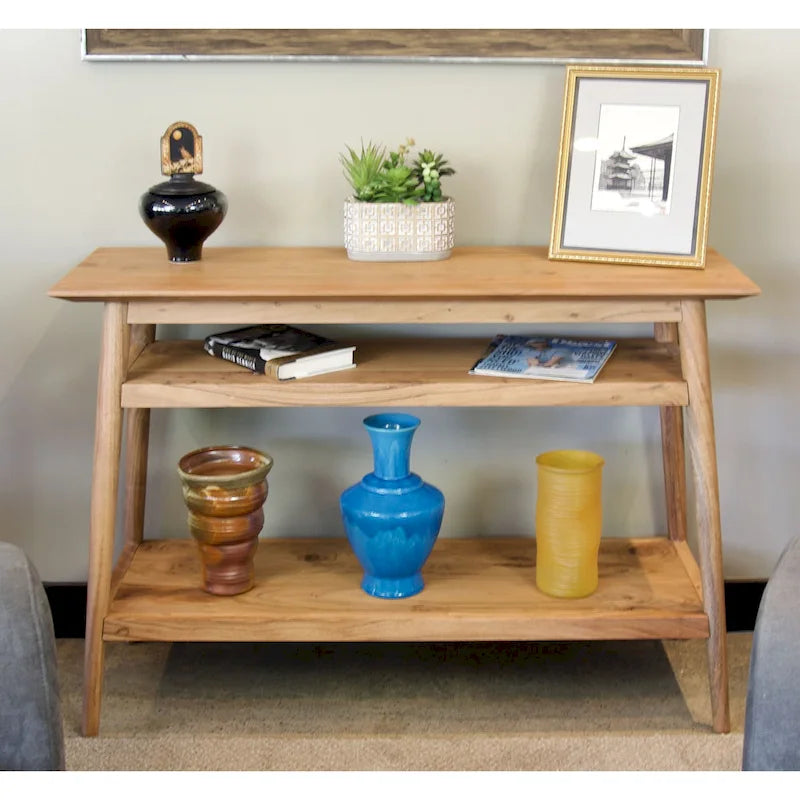 Table console en bois d'acacia massif naturel avec deux étagères ouvertes