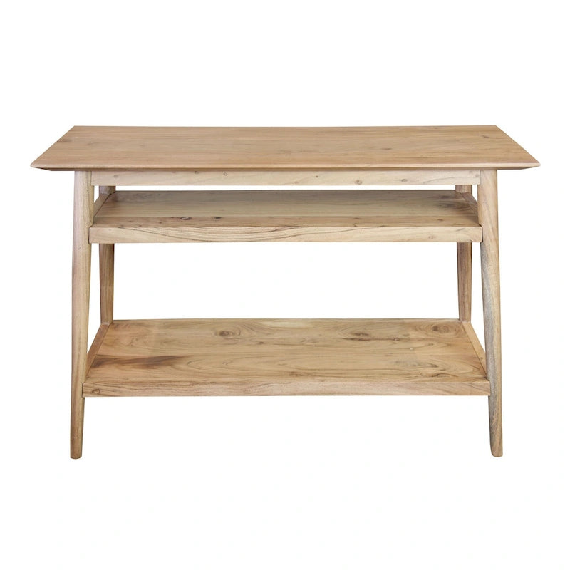 Table console en bois d'acacia massif naturel avec deux étagères ouvertes