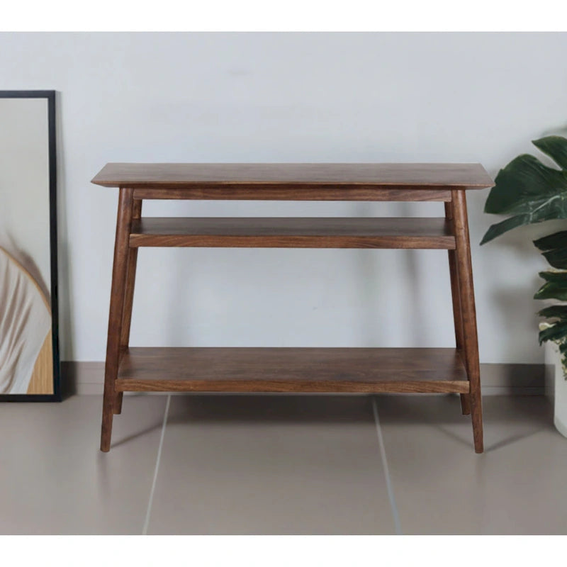 Table console en bois d'acacia massif naturel avec deux étagères ouvertes