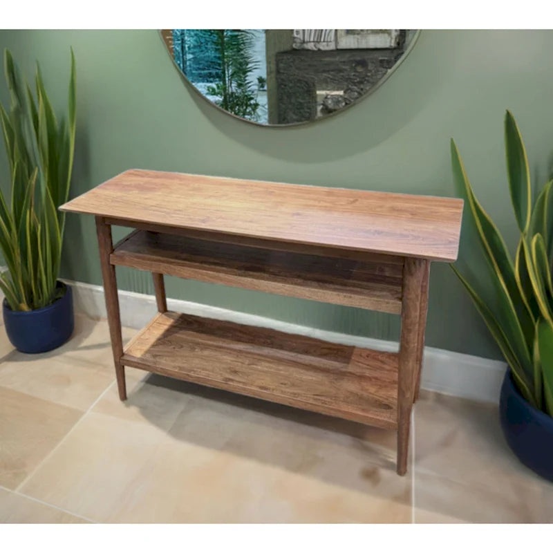 Table console en bois d'acacia massif naturel avec deux étagères ouvertes