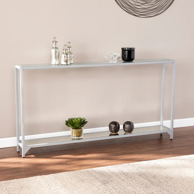 Console étroite moderne en métal avec plateau et étagère en verre