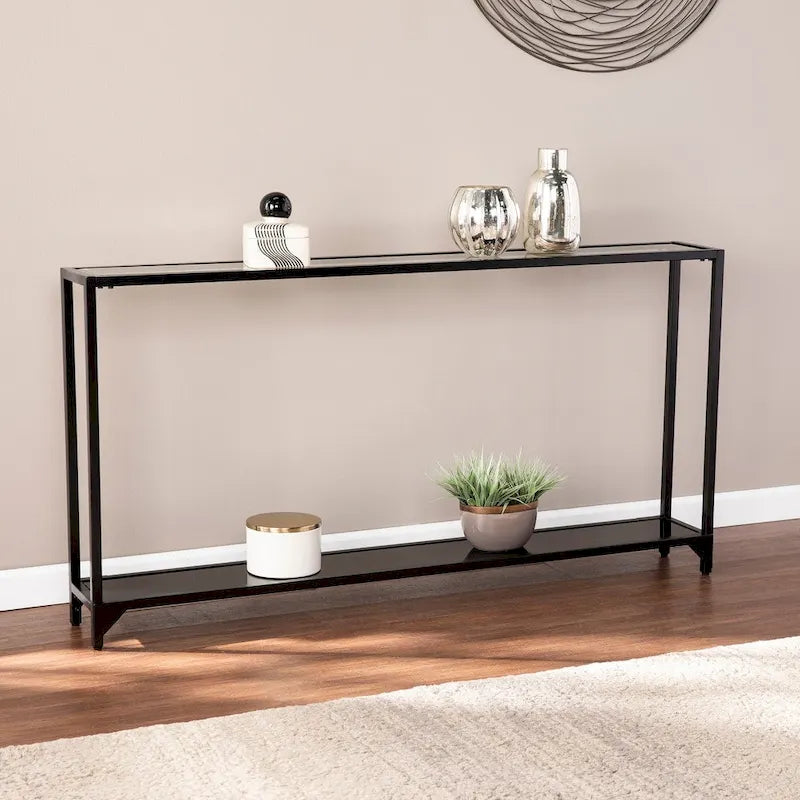 Console étroite moderne en métal avec plateau et étagère en verre