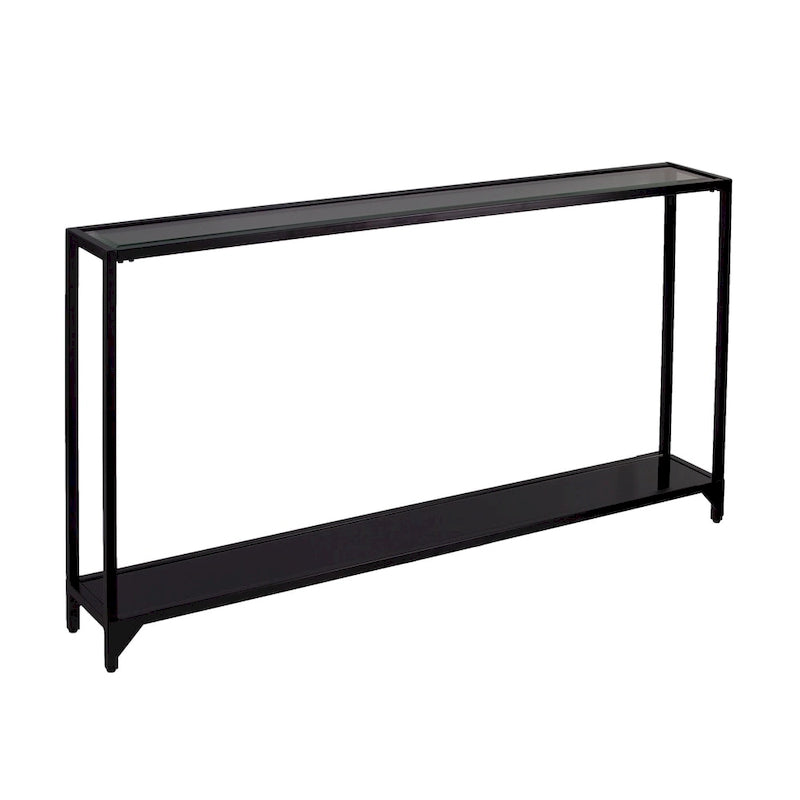Console étroite moderne en métal avec plateau et étagère en verre