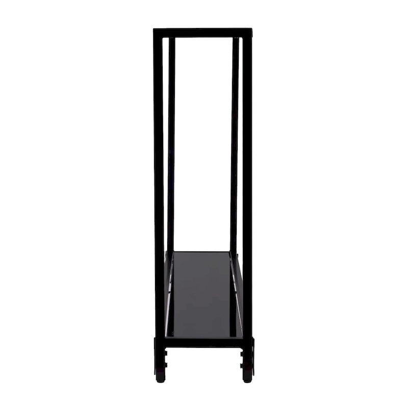 Console étroite moderne en métal avec plateau et étagère en verre