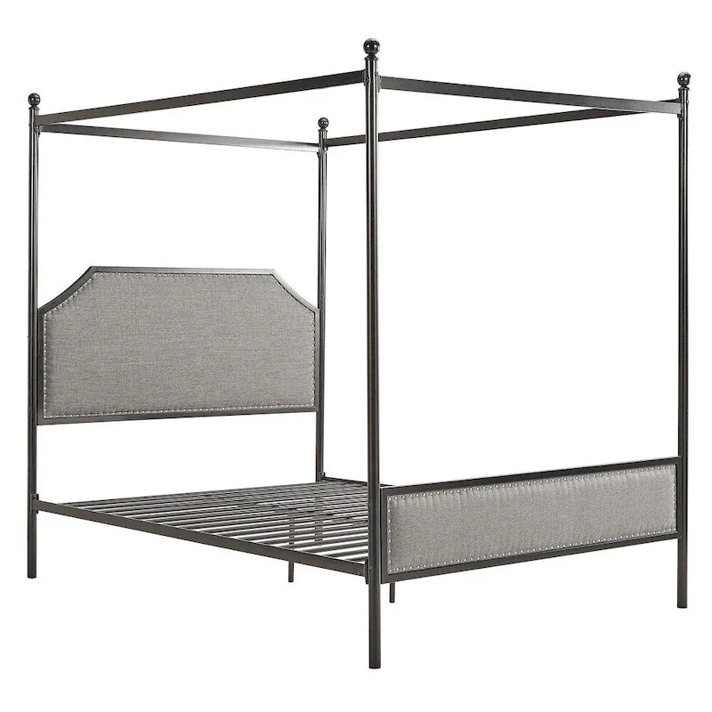 Lit à baldaquin en métal noir avec tête de lit capitonnée en lin gris à clous décoratifs