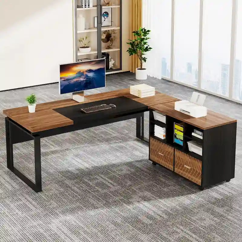 Bureau de direction moderne en L avec tiroirs et étagères ouvertes