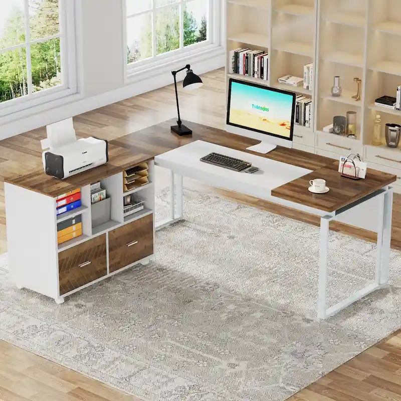 Bureau de direction moderne en L avec tiroirs et étagères ouvertes