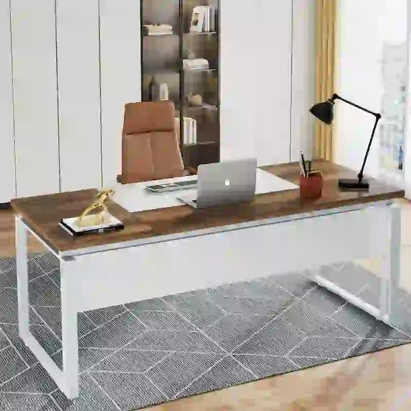 Bureau de direction moderne en L avec tiroirs et étagères ouvertes