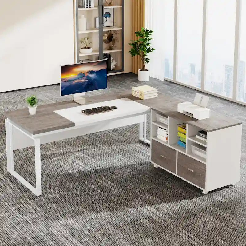 Bureau de direction moderne en L avec tiroirs et étagères ouvertes