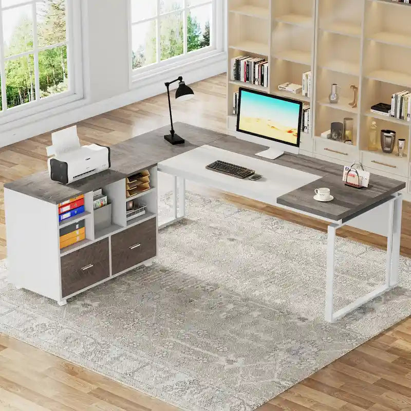 Bureau de direction moderne en L avec tiroirs et étagères ouvertes