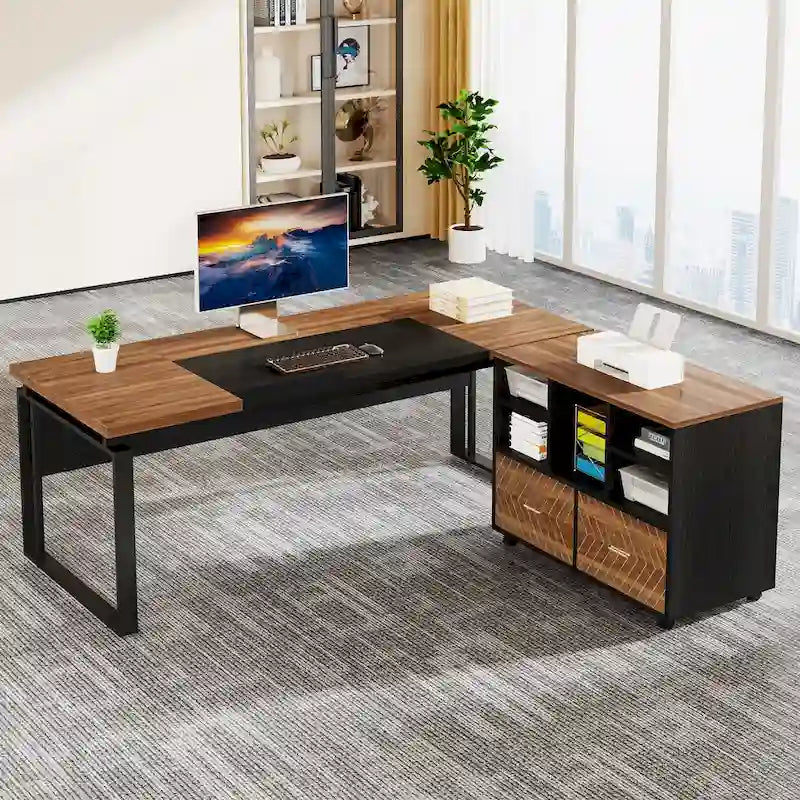 Bureau de direction moderne en L avec tiroirs et étagères ouvertes