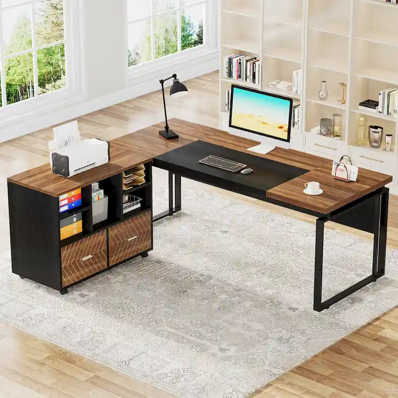 Bureau de direction moderne en L avec tiroirs et étagères ouvertes