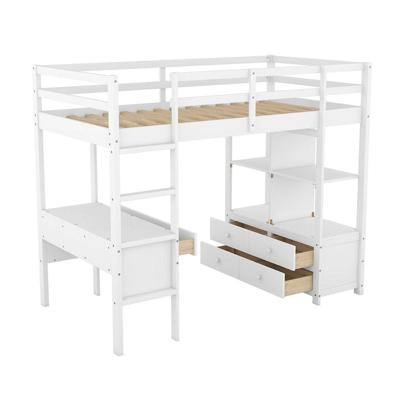 Lit mezzanine en pin blanc/gris avec bureau, tiroirs et étagères – Grand lit/lit jumeau, 1 personne