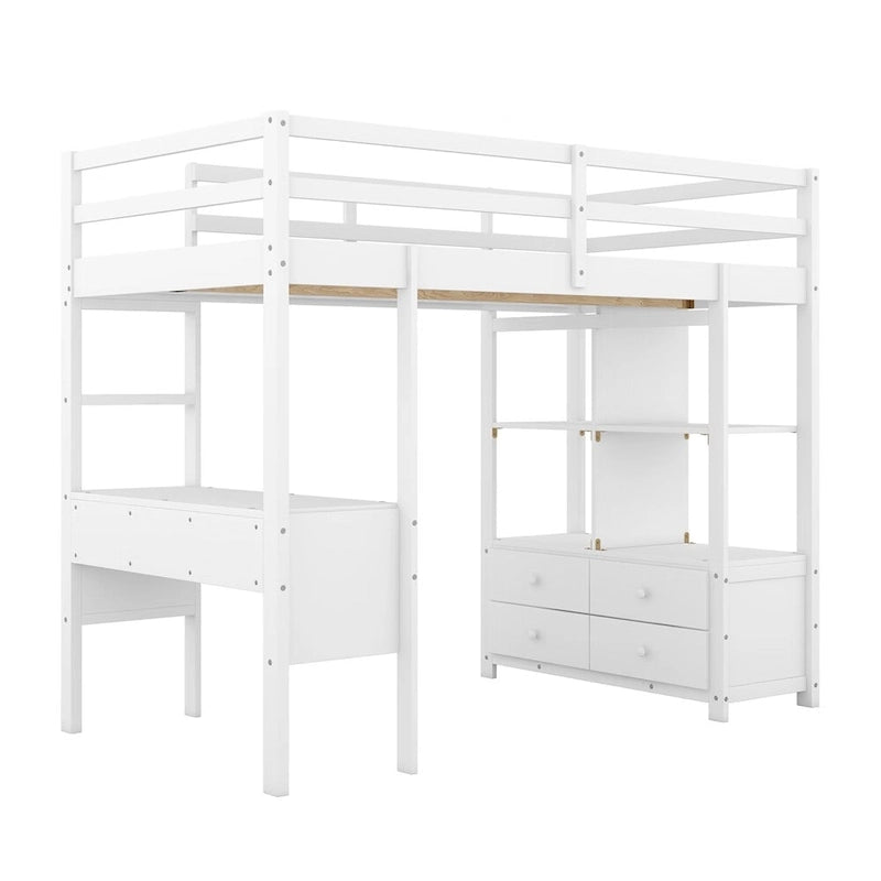 Lit mezzanine en pin blanc/gris avec bureau, tiroirs et étagères – Grand lit/lit jumeau, 1 personne