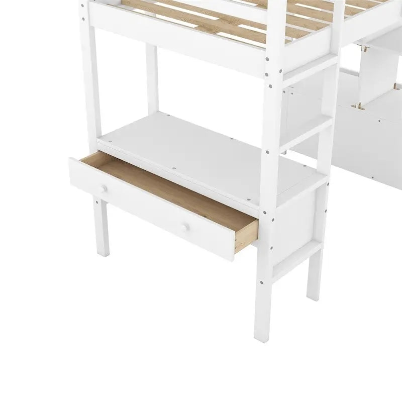 Lit mezzanine en pin blanc/gris avec bureau, tiroirs et étagères – Grand lit/lit jumeau, 1 personne