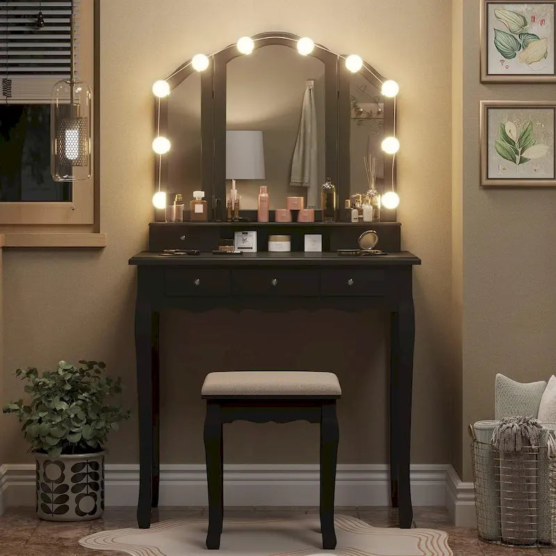 Vanity Desk Set Makeup Vanity Lighted Tri-fold Mirror and Stool