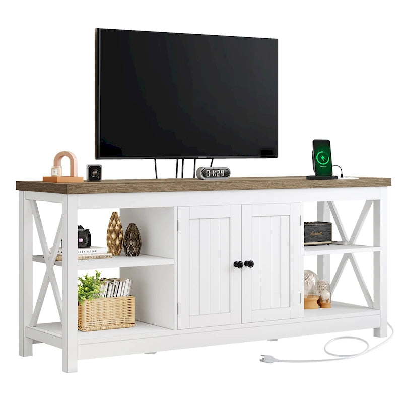 Meuble TV en chêne foncé/blanc style ferme en X, 2 portes, 150 cm, compatible avec les téléviseurs jusqu'à 65 pouces