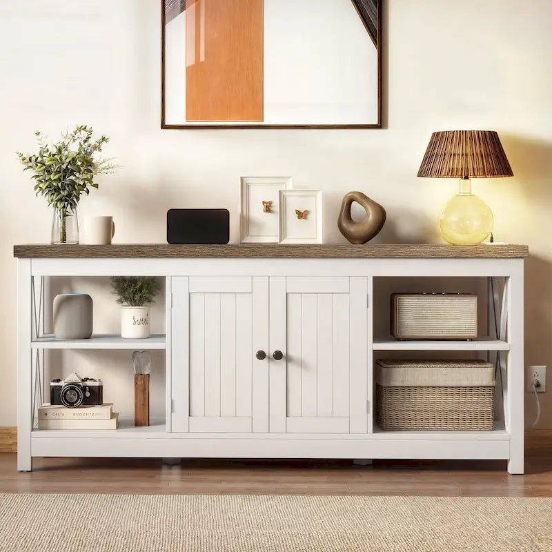 Meuble TV en chêne foncé/blanc style ferme en X, 2 portes, 150 cm, compatible avec les téléviseurs jusqu'à 65 pouces