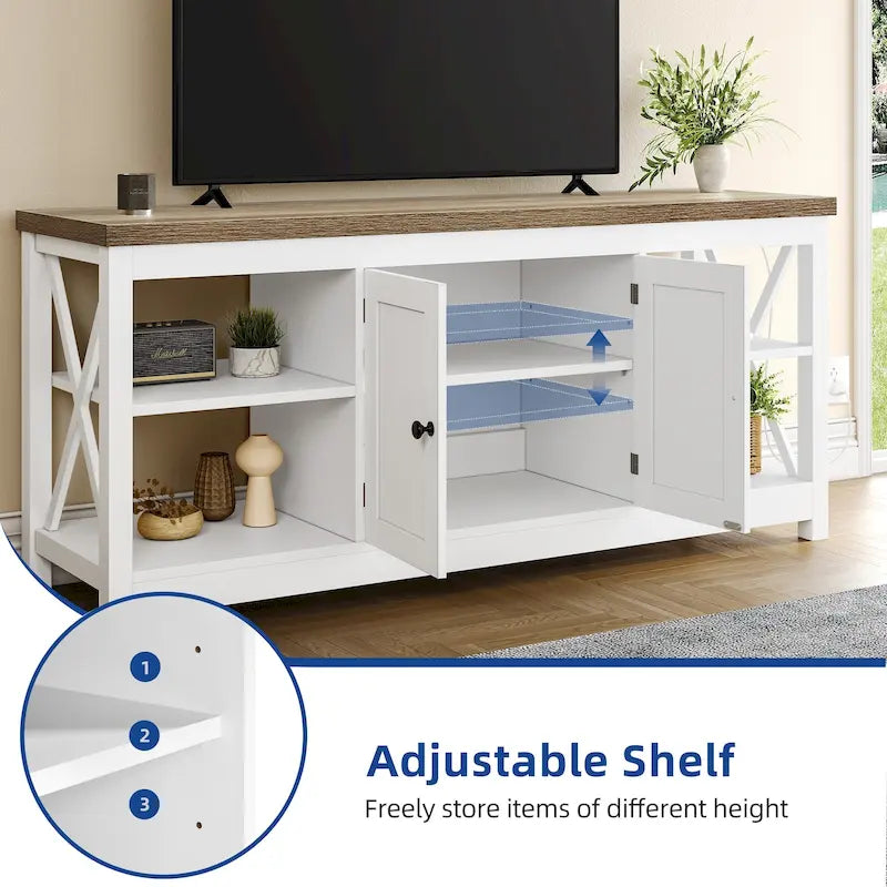 Meuble TV en chêne foncé/blanc style ferme en X, 2 portes, 150 cm, compatible avec les téléviseurs jusqu'à 65 pouces