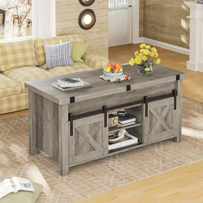Table basse rustique à plateau relevable avec portes de grange coulissantes