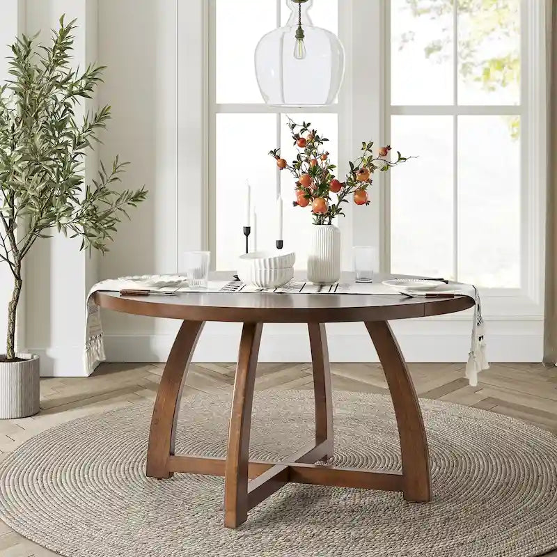 Table de salle à manger ronde en bois style Mid-Century moderne avec piétement croisé