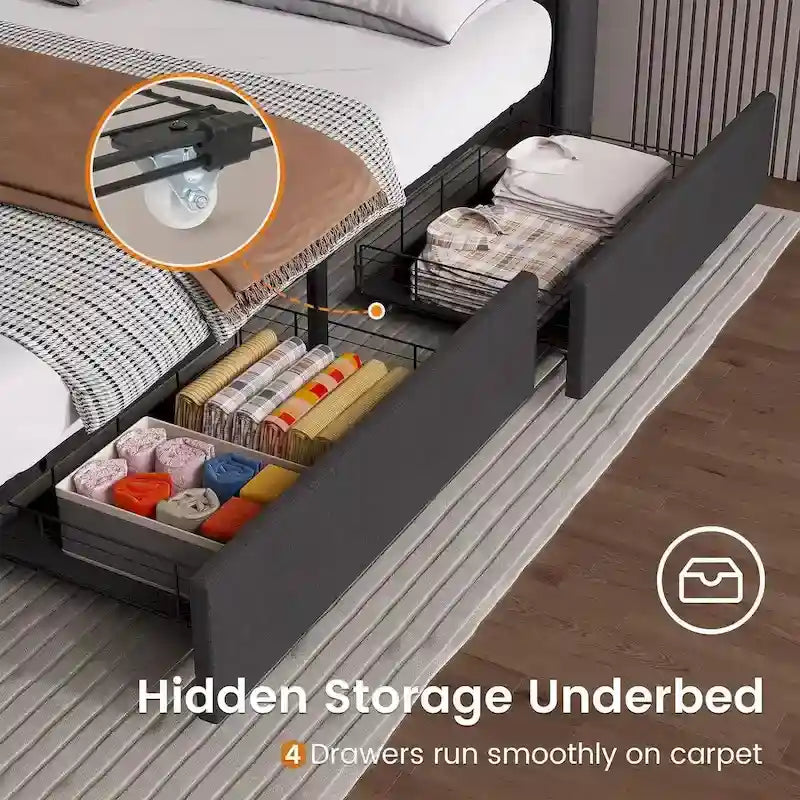 Cadre de lit avec lumières LED, tête de lit et station de charge USB-C/A, 4 tiroirs