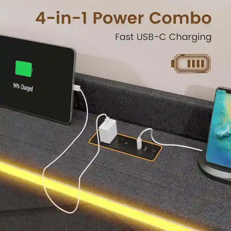 Cadre de lit avec lumières LED, tête de lit et station de charge USB-C/A, 4 tiroirs