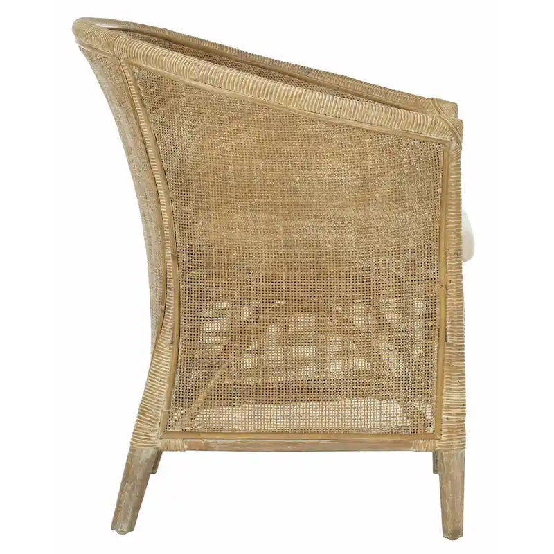Fauteuil d'appoint en rotin tressé blanchi avec coussin en lin ivoire doux
