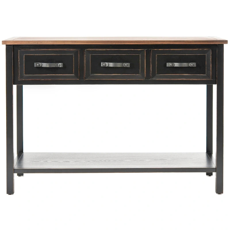 Console rustique noire avec trois tiroirs et étagère inférieure