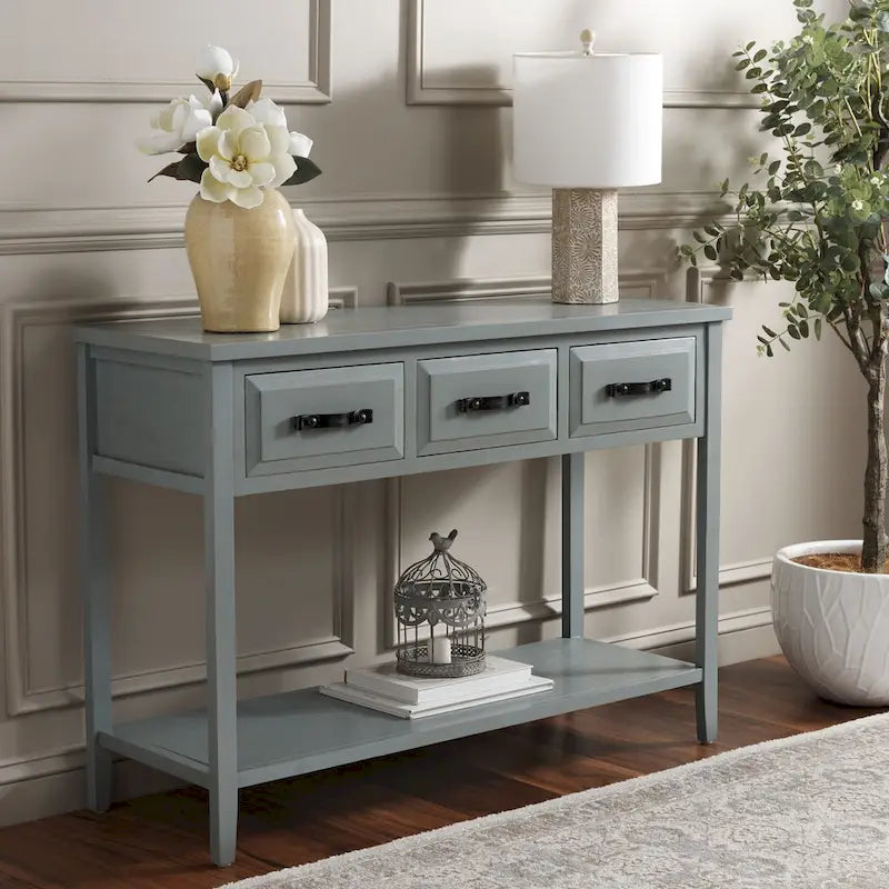 Console rustique noire avec trois tiroirs et étagère inférieure