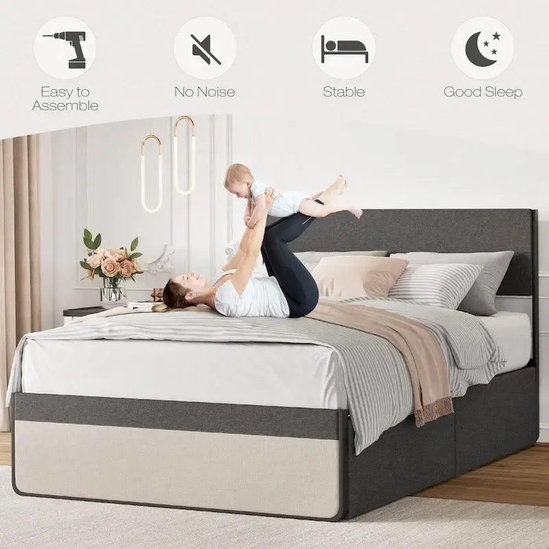 Bed Frame With 2 Storage Drawers And Upholstered Headboard