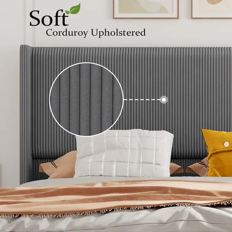 Cadre de lit plateforme moderne en velours côtelé avec tête de lit capitonnée à oreilles