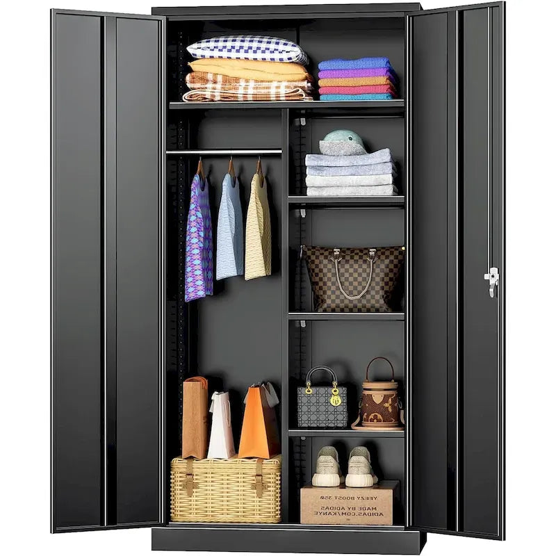 Armoire de rangement en métal verrouillable de 72 po de haut avec tringle de suspension pour garage, salle de sport, bureau à domicile