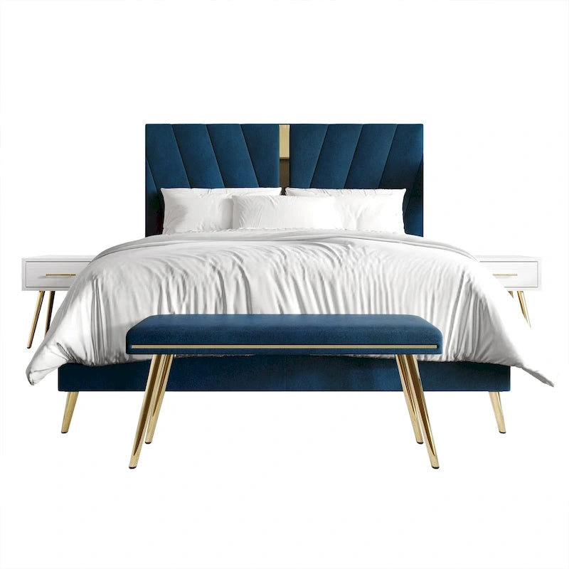 Ensemble de chambre 4 pièces rembourré velours bleu marine / noir / argent laqué / champagne, taille simple à très grand lit, 1 à 2 personnes