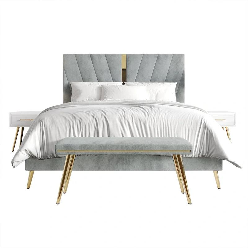 Ensemble de chambre 4 pièces rembourré velours bleu marine / noir / argent laqué / champagne, taille simple à très grand lit, 1 à 2 personnes