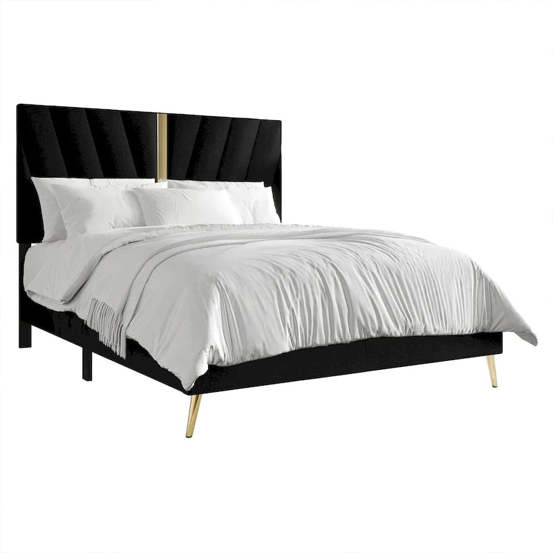 Ensemble de chambre 4 pièces rembourré velours bleu marine / noir / argent laqué / champagne, taille simple à très grand lit, 1 à 2 personnes