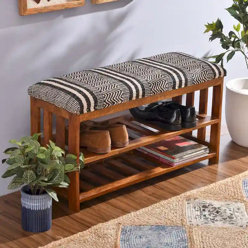 Banc de rangement pour entrée en bois d'acacia tapissé à motifs noirs et crème