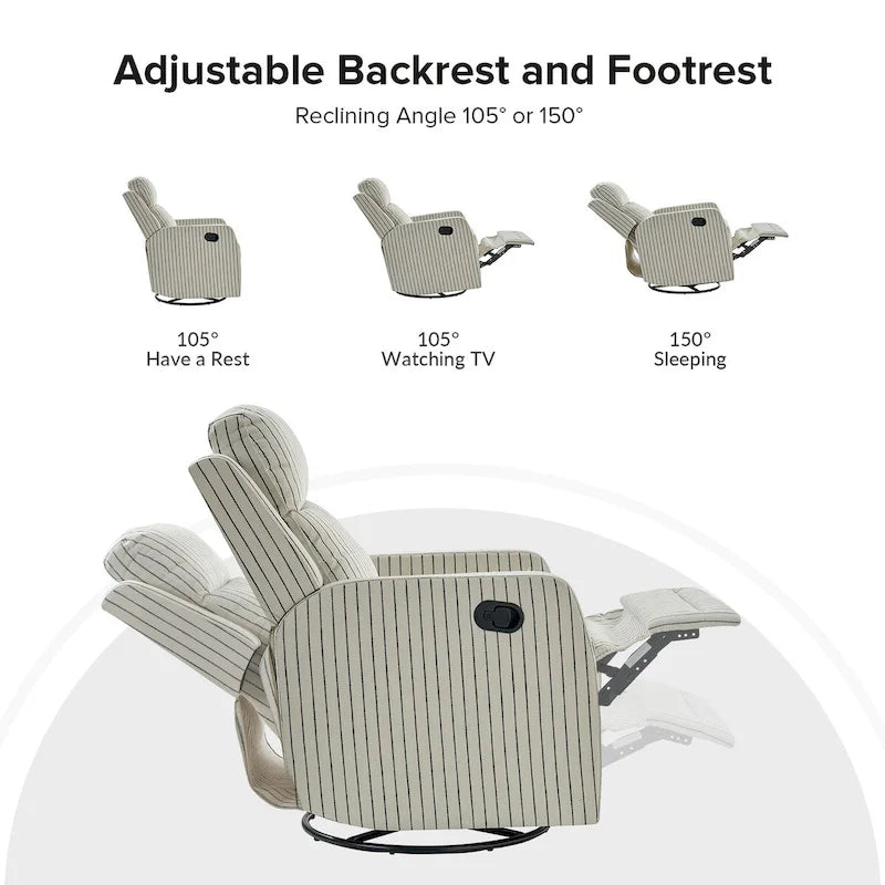 Fauteuil inclinable, pivotant et à bascule avec dossier haut, motif rayé, coloris bison/marine/beige/gris, ensemble de 2