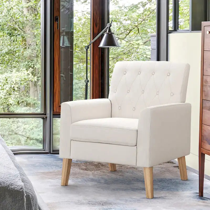 Fauteuil d'appoint moderne en lin capitonné avec pieds fuselés en bois