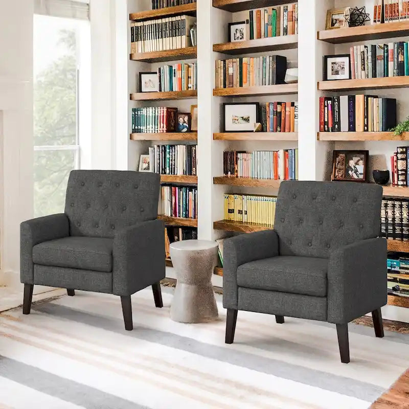 Fauteuil d'appoint moderne en lin capitonné avec pieds fuselés en bois