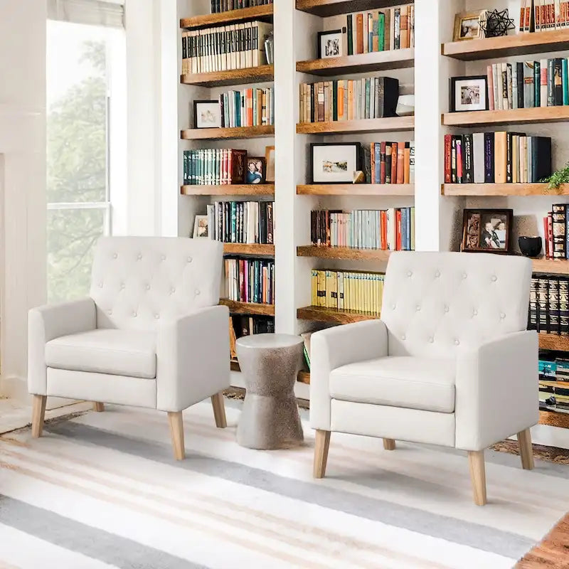 Fauteuil d'appoint moderne en lin capitonné avec pieds fuselés en bois