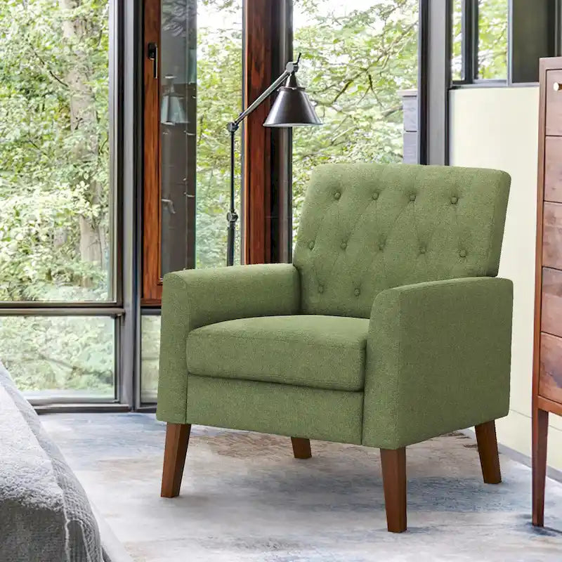 Fauteuil d'appoint moderne en lin capitonné avec pieds fuselés en bois