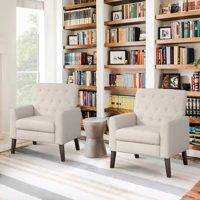 Fauteuil d'appoint moderne en lin capitonné avec pieds fuselés en bois