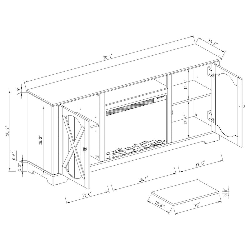 Meuble TV de ferme de 70 po avec cheminée, convient aux téléviseurs jusqu'à 75 po - 70 larg. x 30 haut. x 14.5 prof.