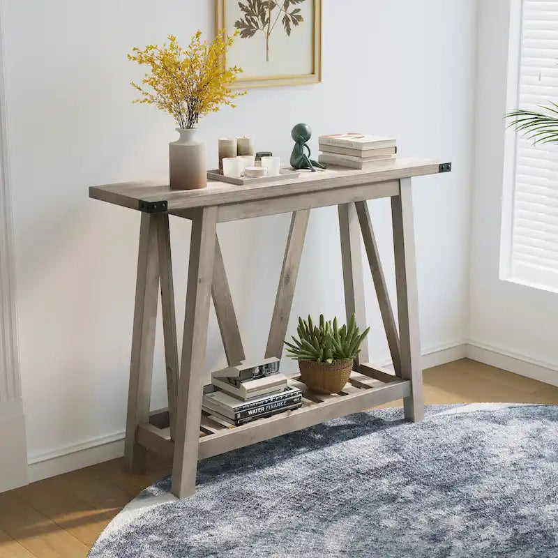 Console d'entrée rustique étroite avec étagère à lattes et pieds en A