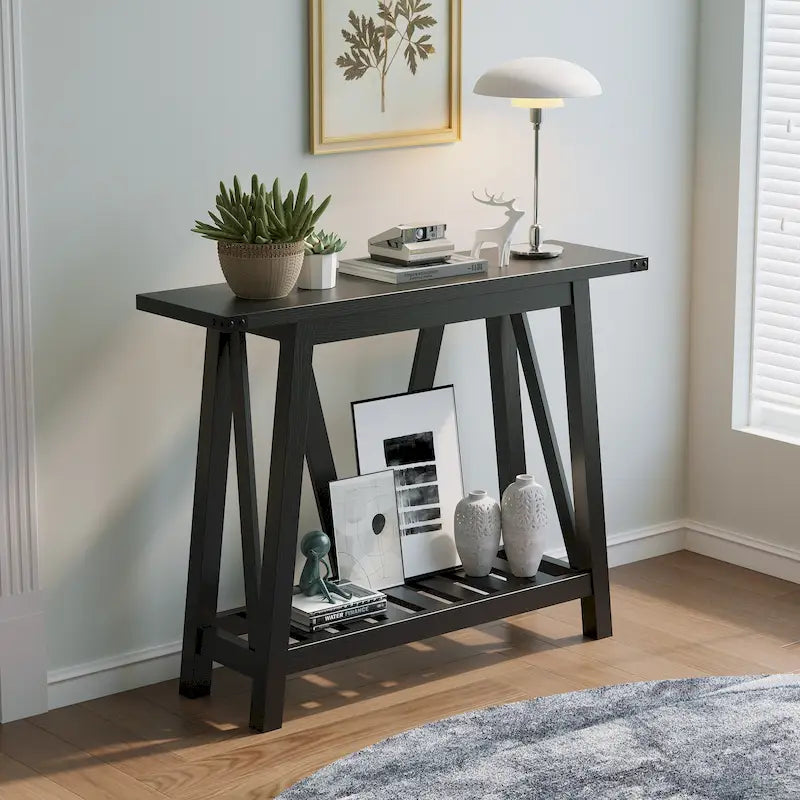 Console d'entrée rustique étroite avec étagère à lattes et pieds en A