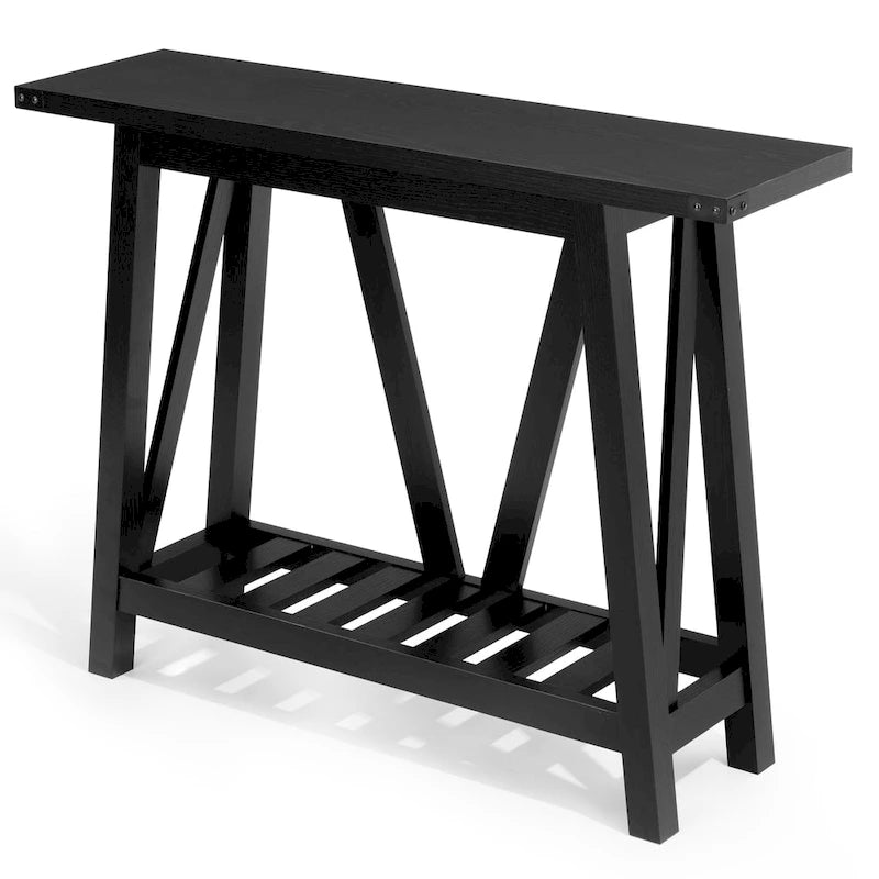 Console d'entrée rustique étroite avec étagère à lattes et pieds en A